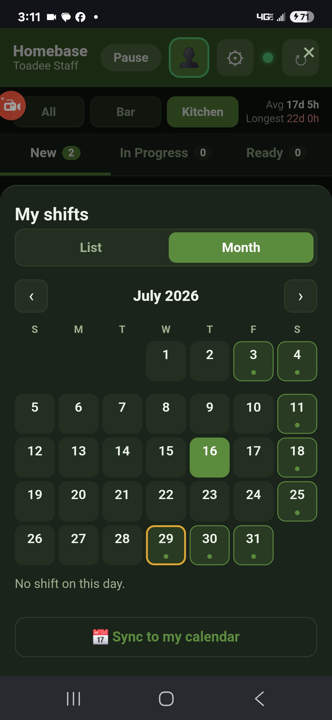 Staff shift calendar — Toadee staff app